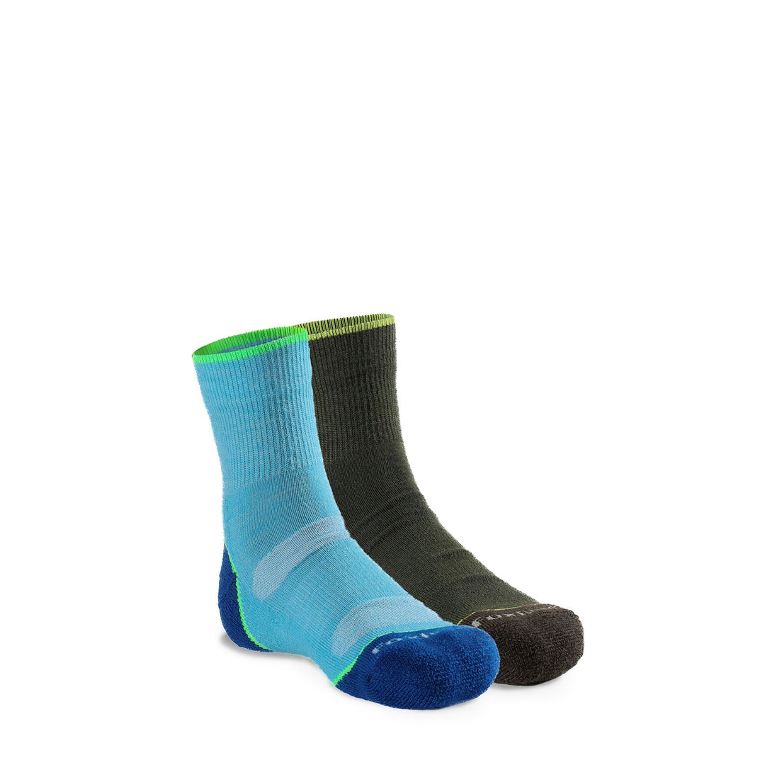 Kid's Base Camp 2.0 Lightweight Crew Hiking Sock - 2 Pack Blue/Green Kids' X - Small - Fox River