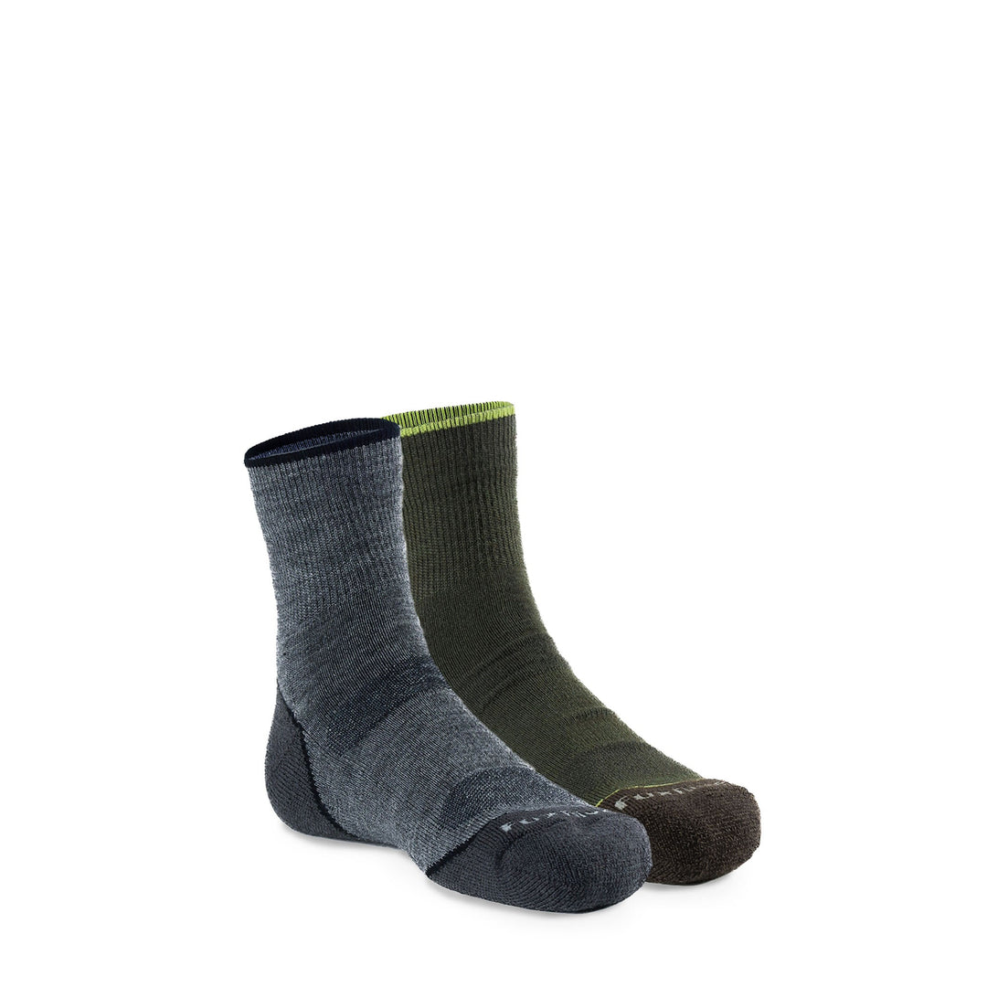 Kid's Base Camp 2.0 Lightweight Crew Hiking Sock - 2 Pack Grey/Green Kids' X - Small - Fox River